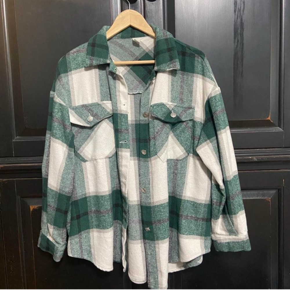 Green and White Plaid Button-Front Shacket